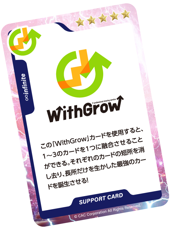 この「WithGrow」カードを使用すると、 1～3のカードを1つに融合させることができる。それぞれのカードの短所を消し去り、長所だけを生かした最強のカードを誕生させる！